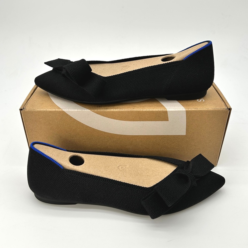 Rothy's The Bow Point II Size 6 Wide Womens Flats Black Sustainable Knit NEW NIB